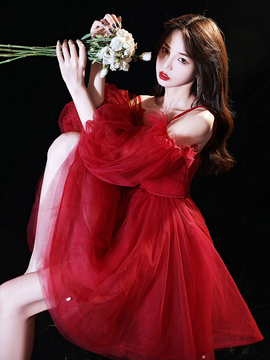 Red Sweetheart Neck Tulle Short Prom Dress, Puffy Red Homecoming Dresses