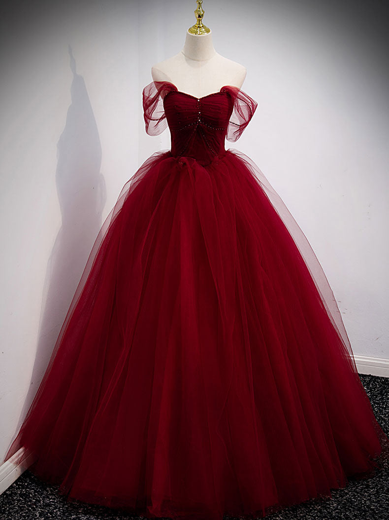 A-Line Sweetheart Off Shoulder Lace Long Prom Dress, Tulle Formal Dresses