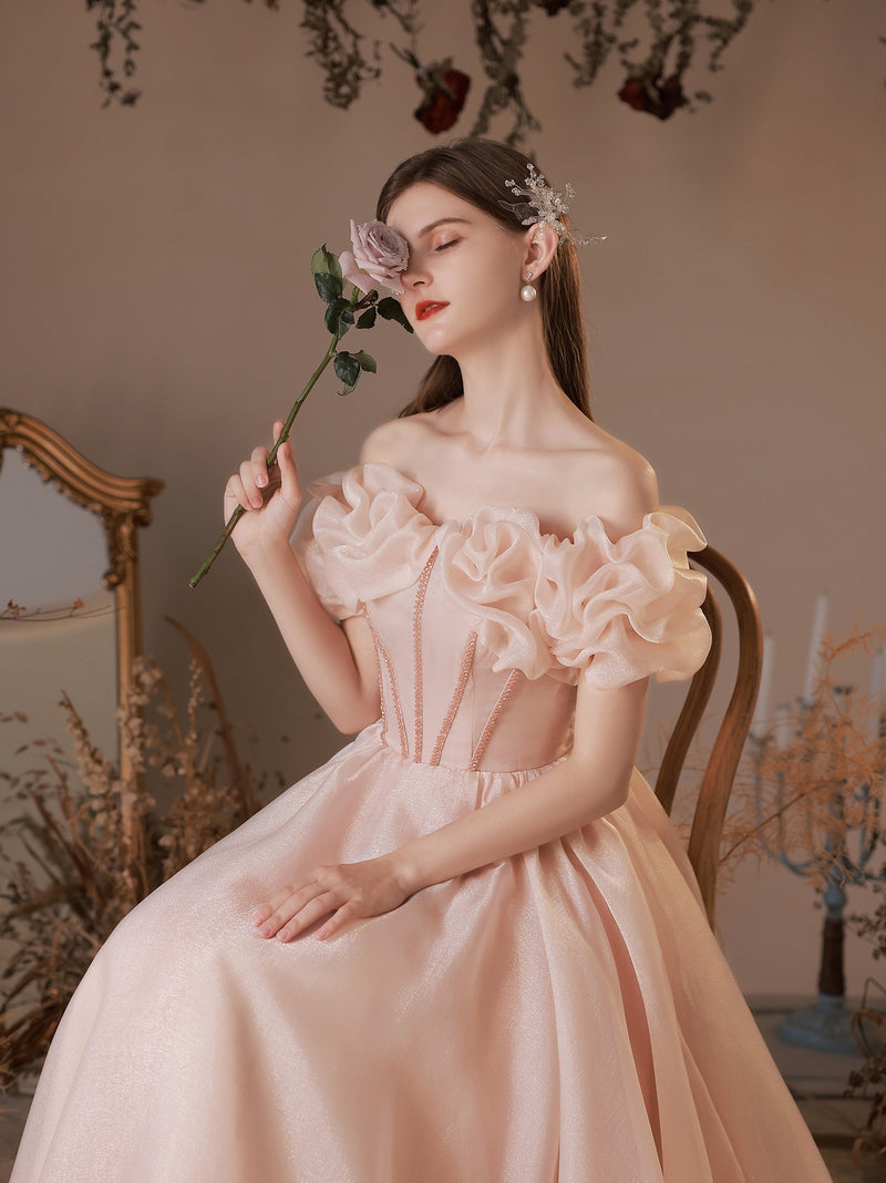 pink tulle off the shoulder dress Strapless Sweetheart Prom Dress Sparkly Evening Dresses With Pockets US6 / Pink