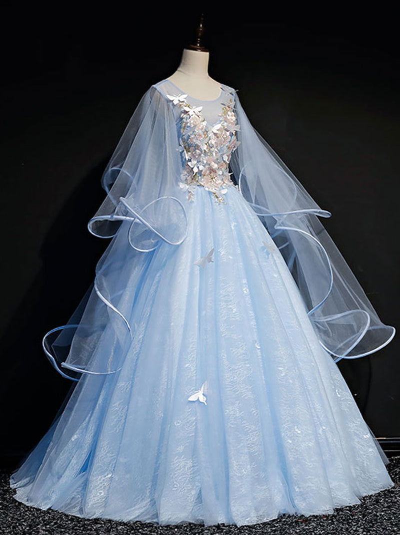 Blue Round Neck Tulle Lace Long Prom Dresses, Blue Sweet 16 Dresses shopluu Blue Round Neck Tulle Lace Long Prom Dresses, Blue Sweet 16 Dresses shopluu