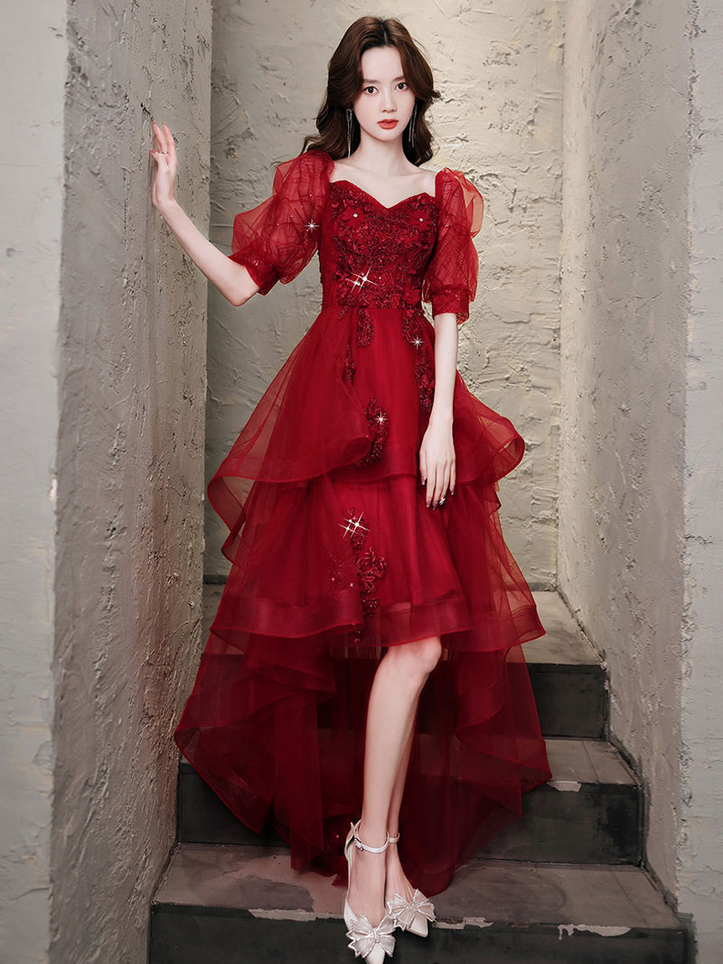 Burgundy High Low Tulle Lace Prom Dress, Burgundy Homecoming Dresses –  shopluu