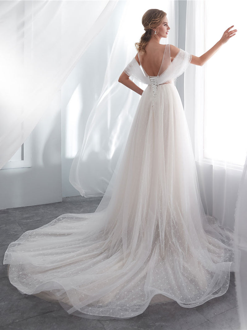 Light Champagne Tulle Lace Long Beach Wedding Dress Bridal Dresses US 8 / Light Champagne Light Champagne Tulle Lace Long Beach Wedding Dress Bridal Dresses US 8 / Light Champagne