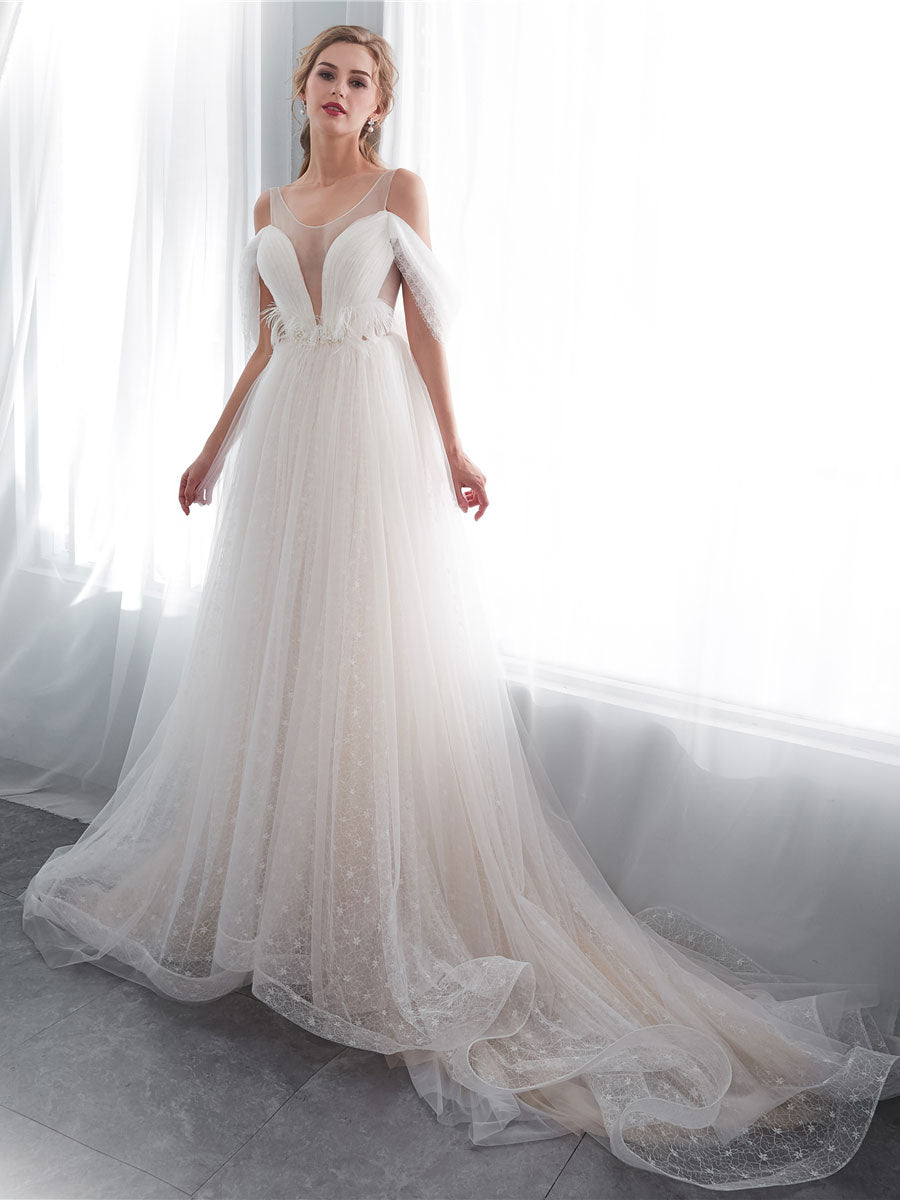 Light Champagne Tulle Lace Long Beach Wedding Dress Bridal Dresses