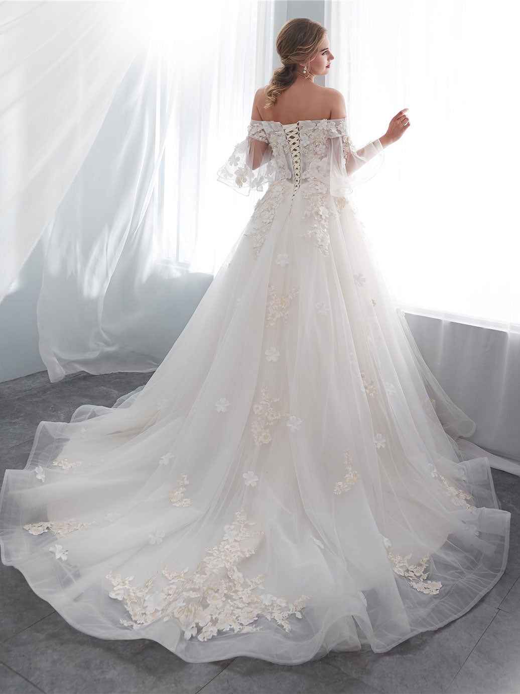 Ivory Long Lace Wedding Dress, Ivory Tulle Lace Wedding Gown