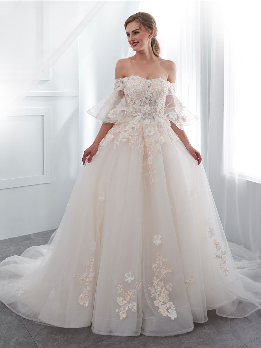 Ivory Long Lace Wedding Dress, Ivory Tulle Lace Wedding Gown