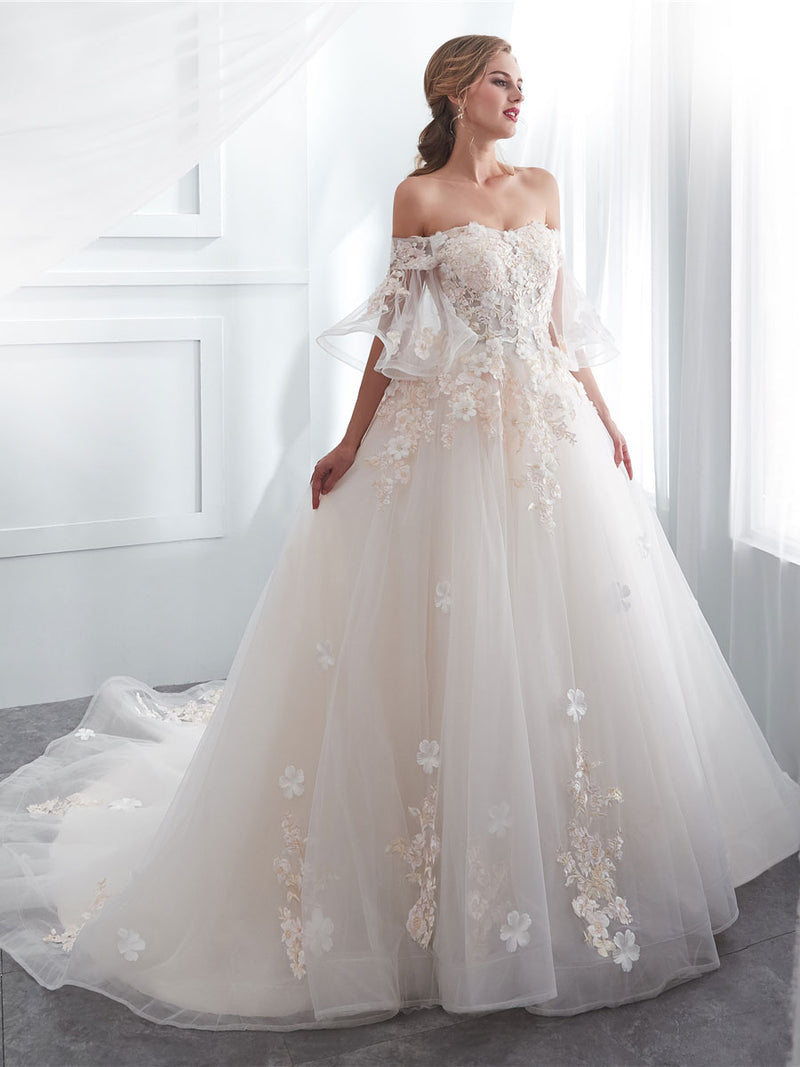 Ivory Long Lace Wedding Dress, Ivory Tulle Lace Wedding Gown shopluu Ivory Long Lace Wedding Dress, Ivory Tulle Lace Wedding Gown shopluu