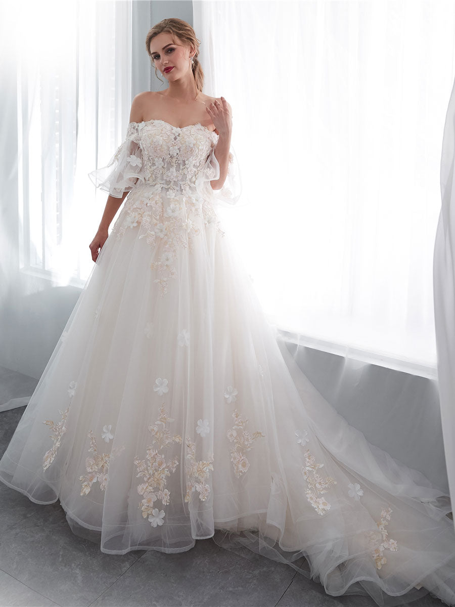 Ivory Long Lace Wedding Dress, Ivory Tulle Lace Wedding Gown