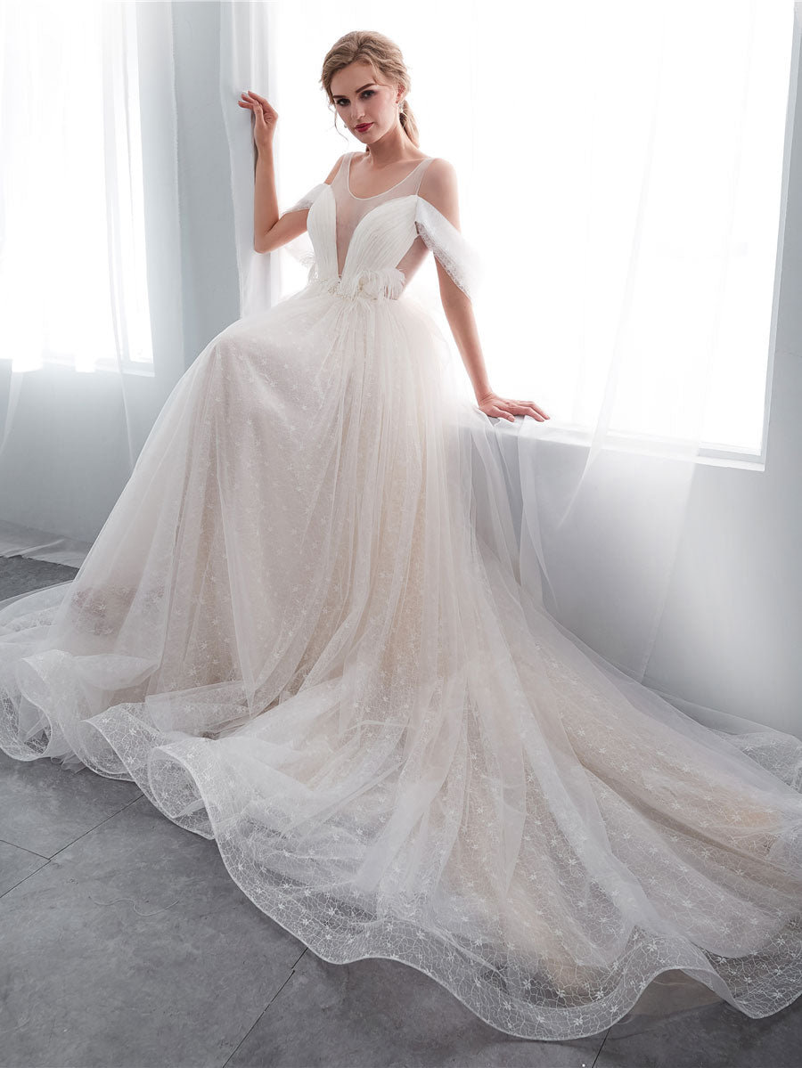 Light Champagne Tulle Lace Long Beach Wedding Dress Bridal Dresses