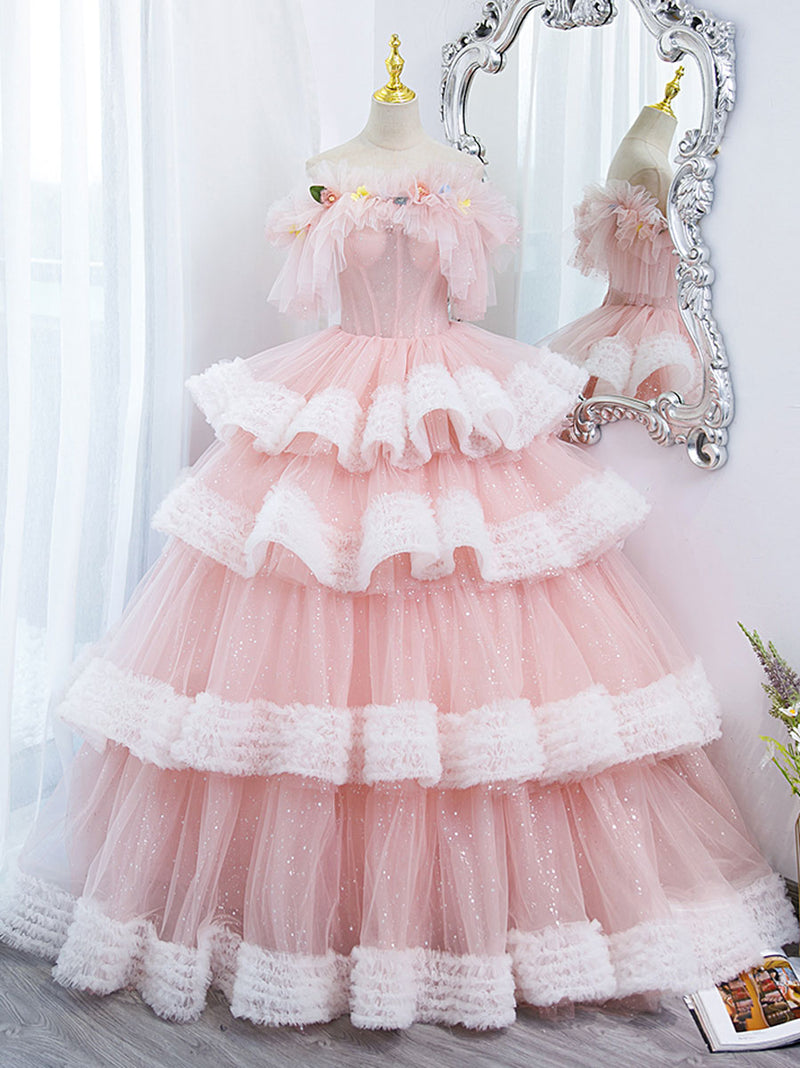 Off Shoulder Pink Long Prom Dresses, Ball Gown Pink Sweet 16 Dresses US 8 / Pink Off Shoulder Pink Long Prom Dresses, Ball Gown Pink Sweet 16 Dresses US 8 / Pink