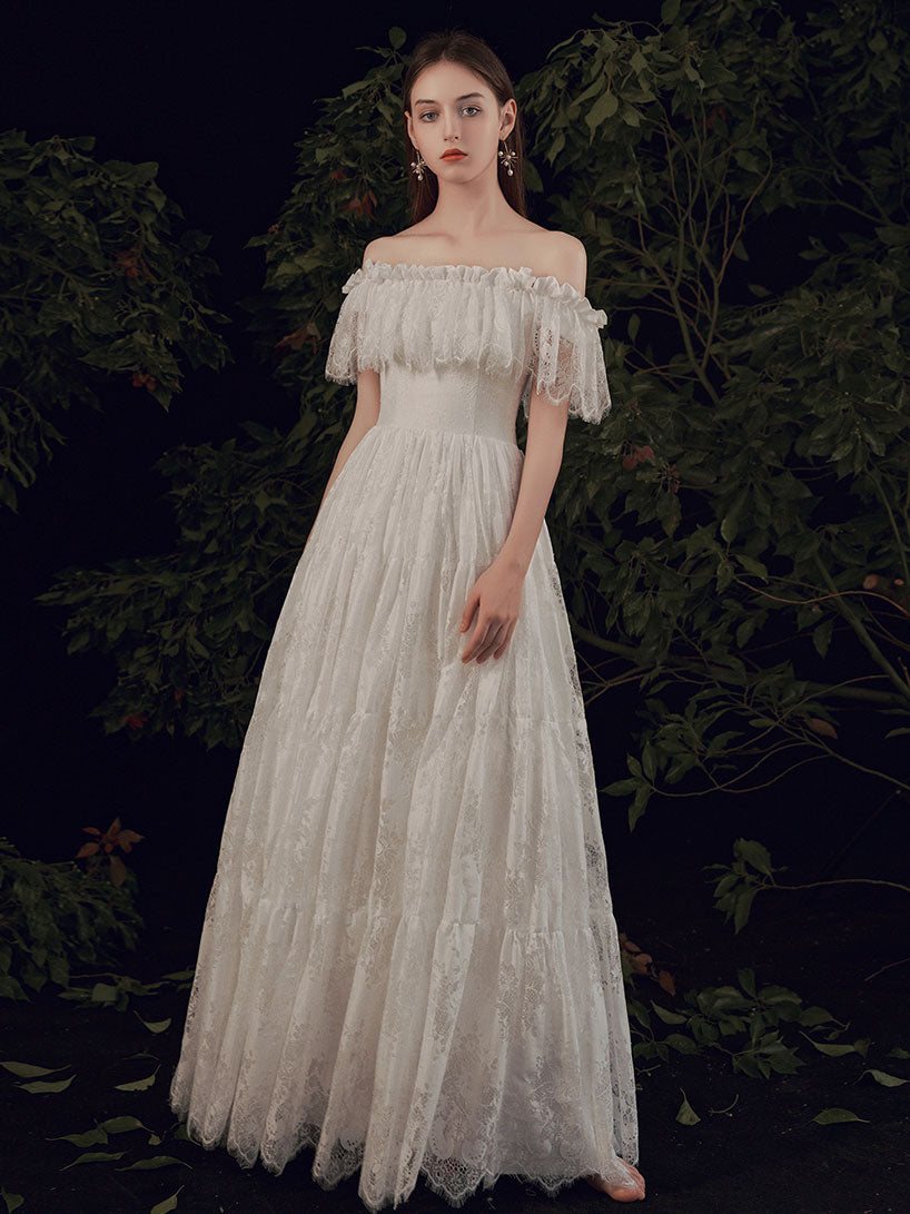 Simple ivory Lace Long Prom Dress, ivory Lace Bridesmaid Dresses
