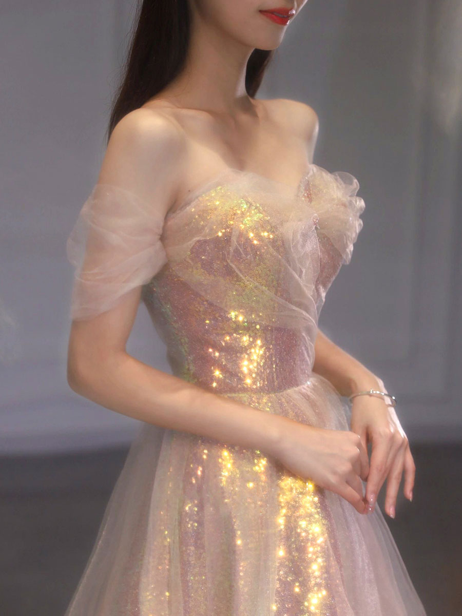 A Line Tulle Sequin Long Prom Dress, Off Shoulder Formal Graduation Dress