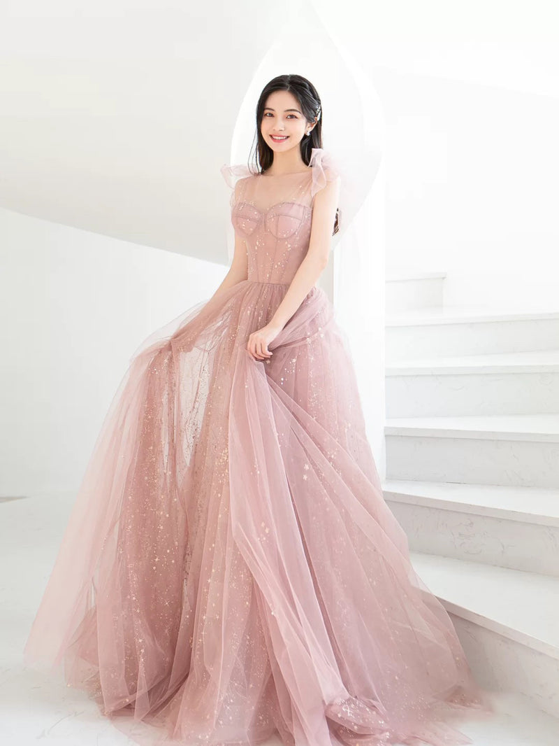Simple Pink A Line Tulle Long Prom Dress, Pink Tulle Formal Dress – shopluu