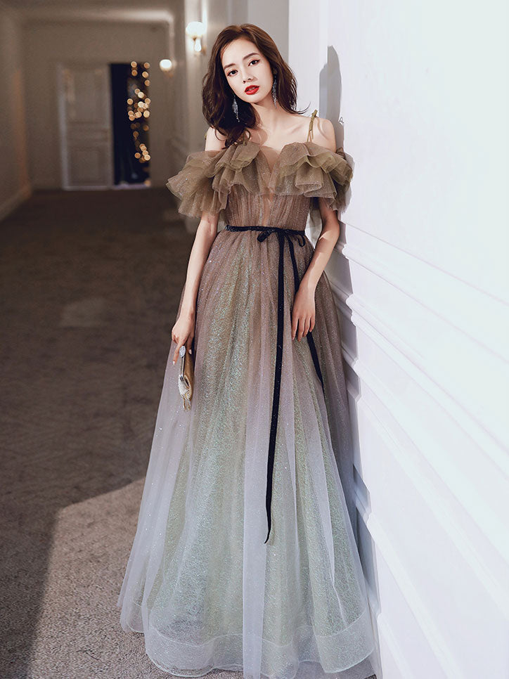 A-Line Tulle Off Shoulder Long Prom Dress, Tulle Sequin Evening Dresses