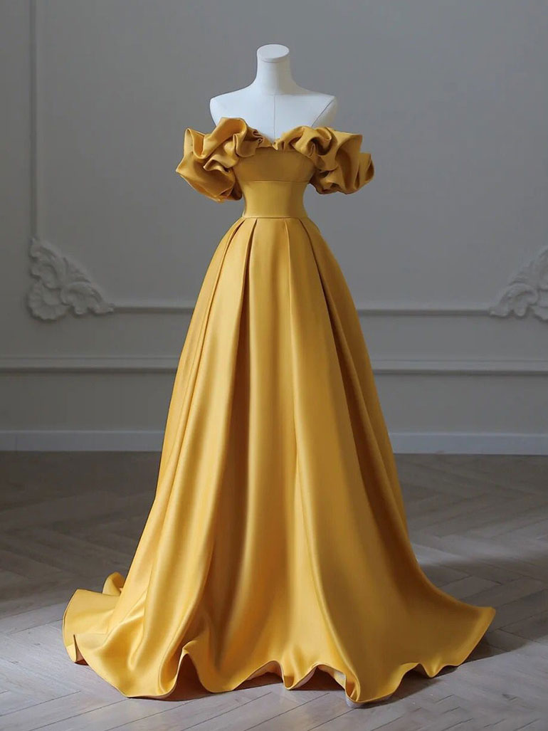 Yellow Satin Long Prom Dress, Off Shoulder A-Line Evening Dress US 10 / Yellow Yellow Satin Long Prom Dress, Off Shoulder A-Line Evening Dress US 10 / Yellow