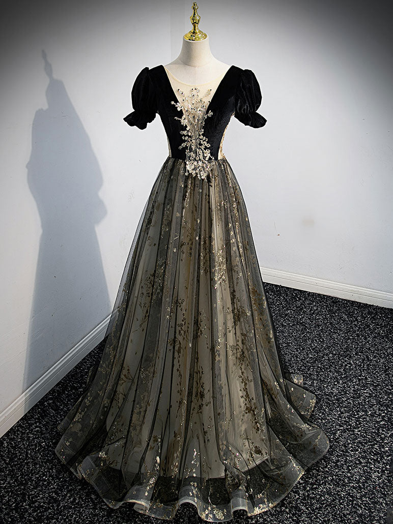 A Line Velvet Tulle Lace Black Long Prom Dress, Black Formal Graduation Dresses US 4 / Black A Line Velvet Tulle Lace Black Long Prom Dress, Black Formal Graduation Dresses US 4 / Black