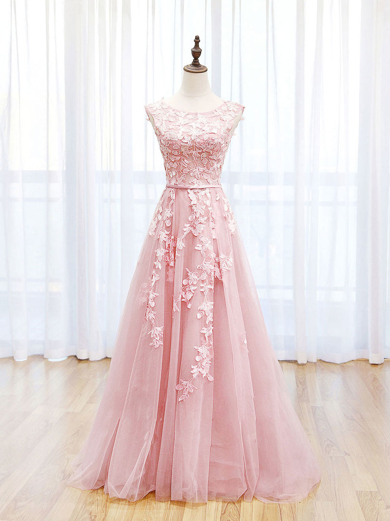 Scoop Neckline Tulle Pink Long Prom Dress, Pink Backless Evening