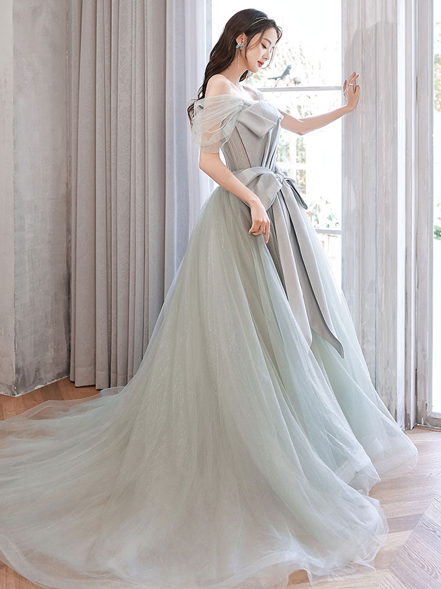 Gray Green Tulle Long Prom Dresses, Tulle Formal Graduation Dresses