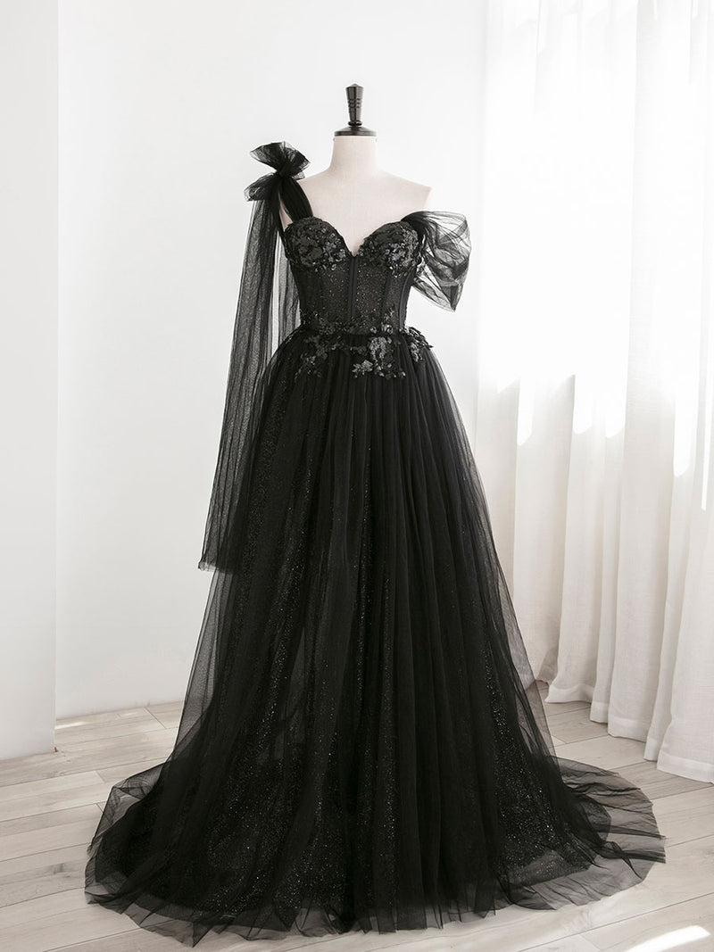Black A line one Shoulder Tulle Long Prom Dresses, Black Tulle Formal Dresses US 16 / Black Black A line one Shoulder Tulle Long Prom Dresses, Black Tulle Formal Dresses US 16 / Black