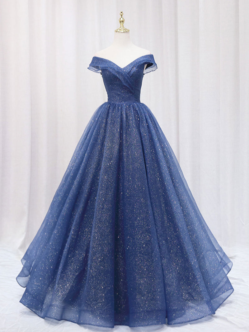 A-Line Off Shoulder Dark Blue Long Prom Dress, Shiny Tulle Long Graduation Dress US 10 / Custom Color A-Line Off Shoulder Dark Blue Long Prom Dress, Shiny Tulle Long Graduation Dress US 10 / Custom Color