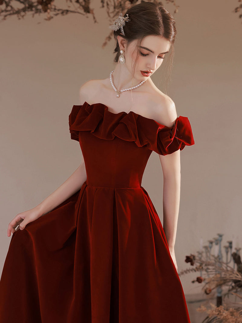 A-Line Off Shoulder Velvet Burgundy Long Prom Dress, Burgundy Evening – shopluu