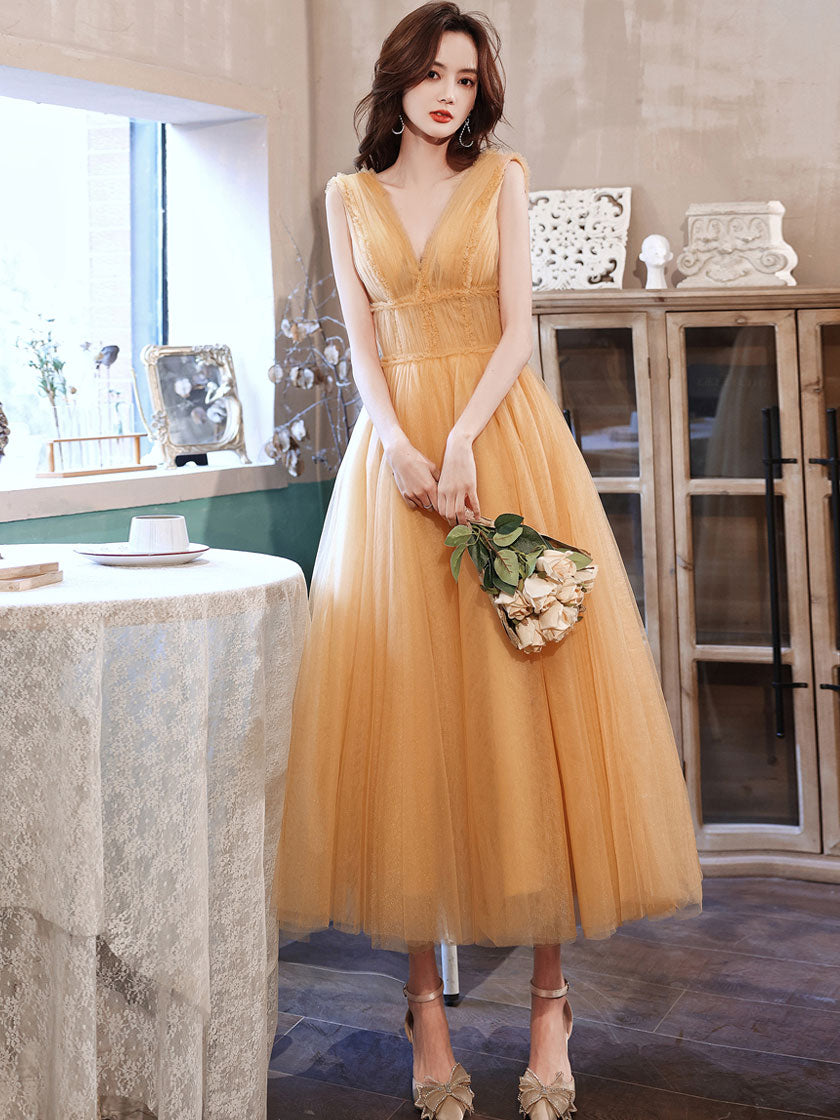 Yellow V Neck Tulle Tea Length Prom Dress, Yellow Homecoming Dresses