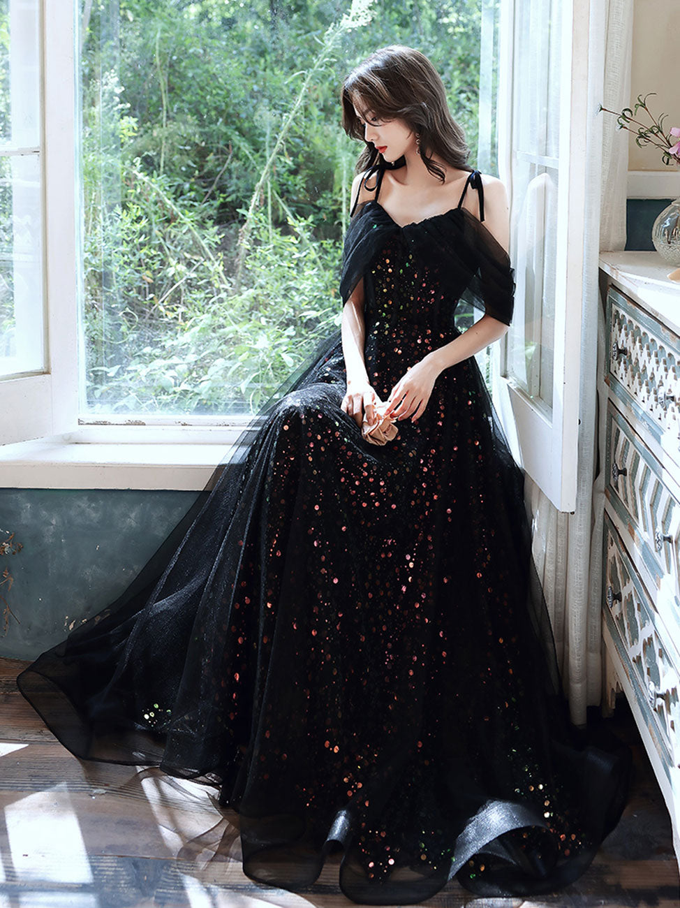 Black A-Line Long Prom Dresses, Black Formal Graduation Party Dress – shopluu