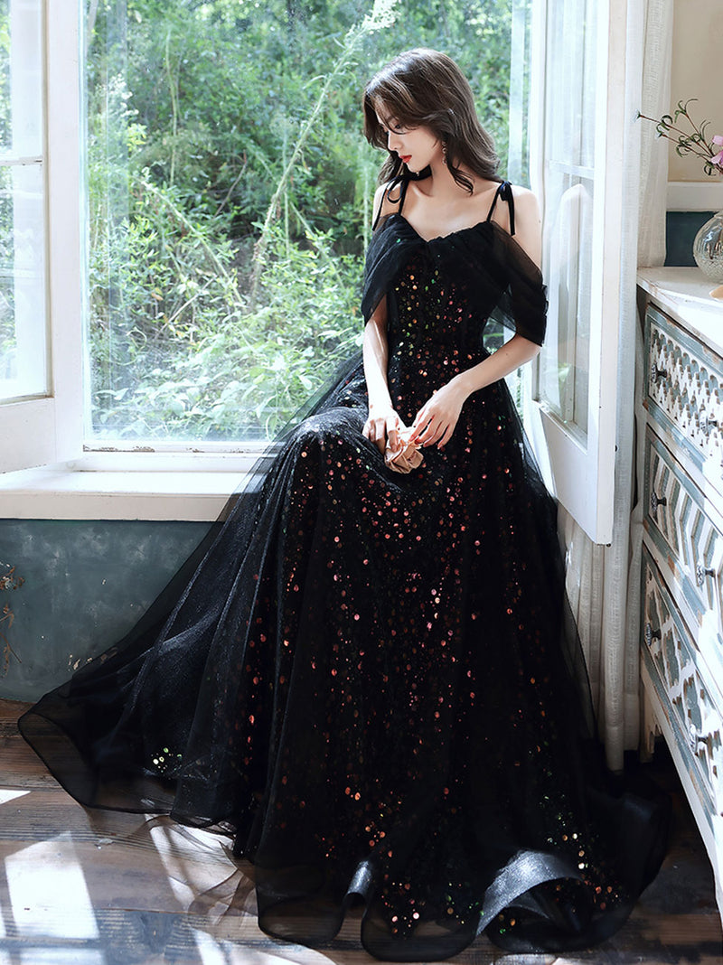 Black A-Line Long Dresses, Black Formal Graduation Party Dress – shopluu