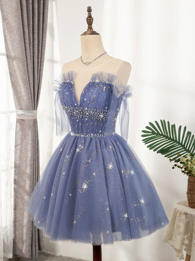Ball Gown Short Cute Dresses For Formals Blue Tulle Sequin Short Prom Dress, Puffy Blue Homecoming Ball Gown Short Cute Dresses For Formals Blue Tulle Sequin Short Prom Dress, Puffy Blue Homecoming