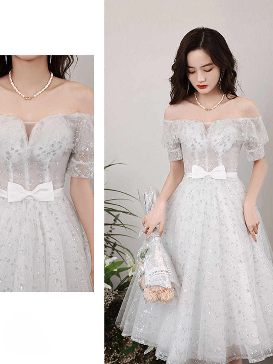 Cute A line Sequin Short Prom Dress, White Short Puffy Homecoming Dress