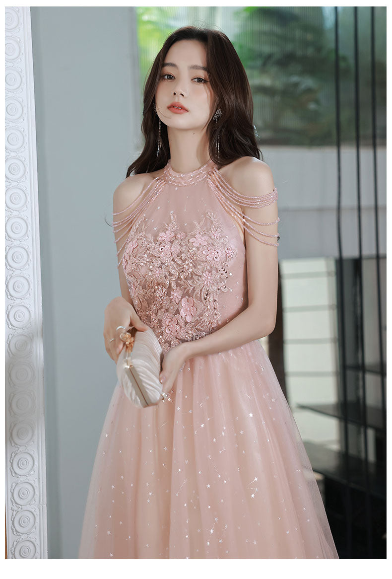 A-Line Pink Tulle Lace Tea Length Prom Dress, Pink Tulle Formal Dresses