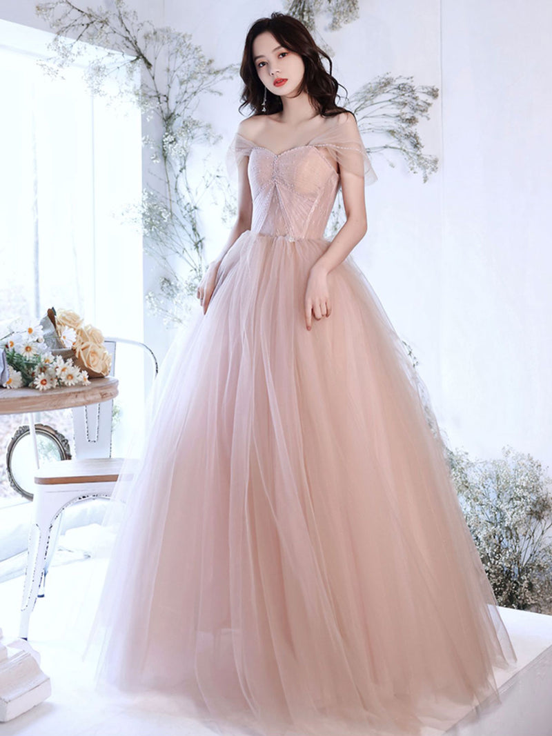 A Line Off Shoulder Pink Long Prom Dress, Pink Graduation Dress