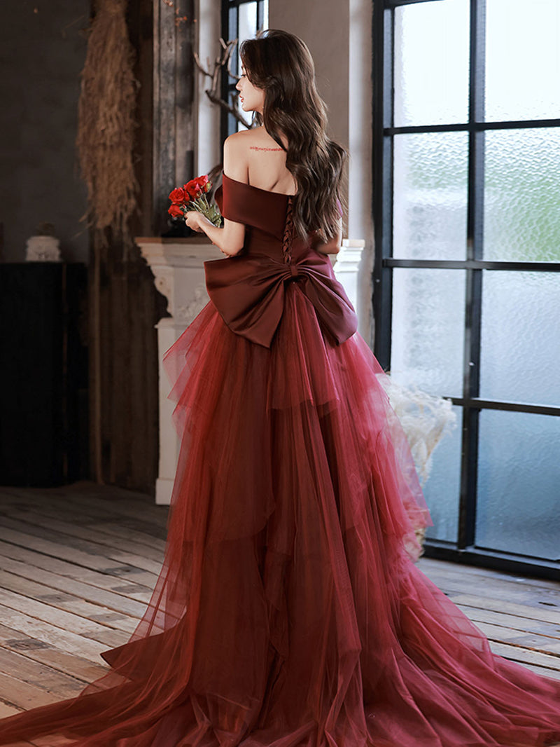 Burgundy Mermaid Sweep Train Long Prom Dress, Off Shoulder Satin Burgundy Evening Dress US 4 / Custom Color Burgundy Mermaid Sweep Train Long Prom Dress, Off Shoulder Satin Burgundy Evening Dress US 4 / Custom Color