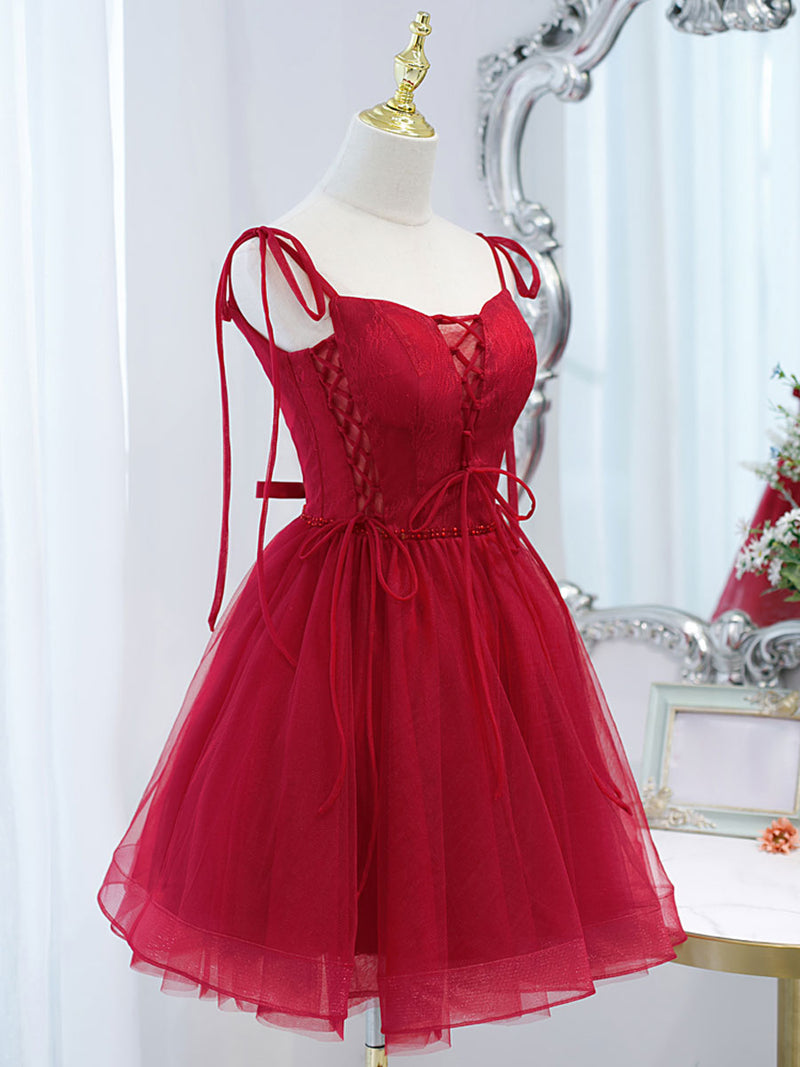 Red Tulle Lace Short Prom Dress Red Lace Puffy Homecoming Dress – shopluu