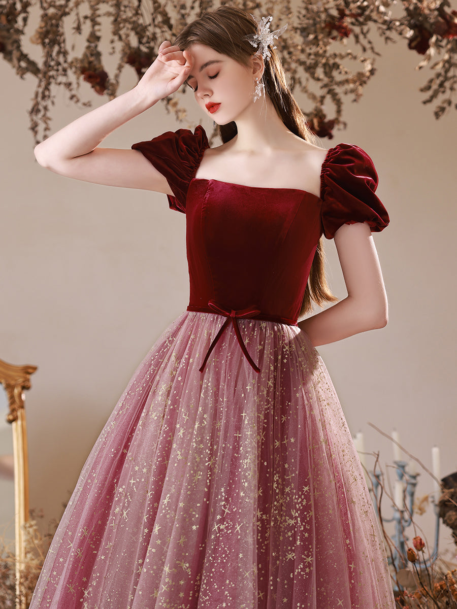 A-Line Burgundy Tulle Long Prom Dress