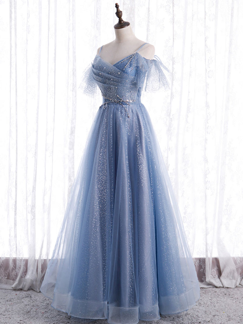 Elegant A line Tulle Sequin Blue Long Prom Dress, Tulle Blue Formal Ev shopluu Elegant A line Tulle Sequin Blue Long Prom Dress, Tulle Blue Formal Ev shopluu