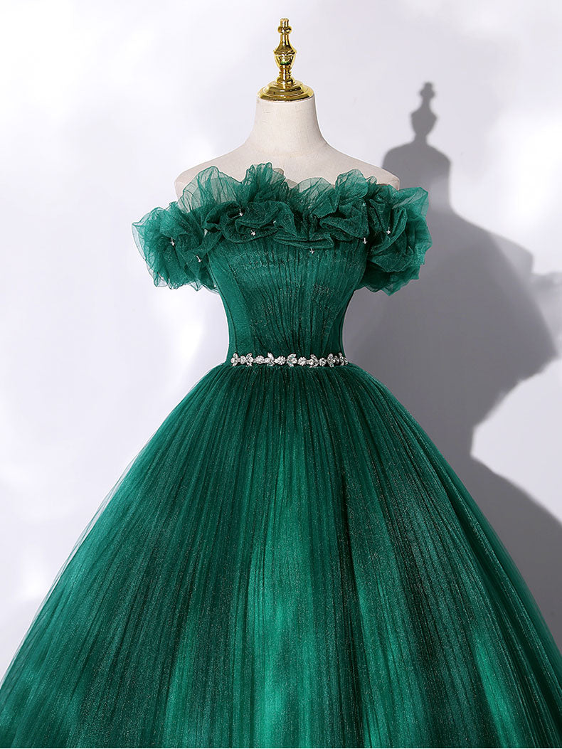 Dark Green Off the Shoulder Lace Prom Dress, Sweetheart Green Lace