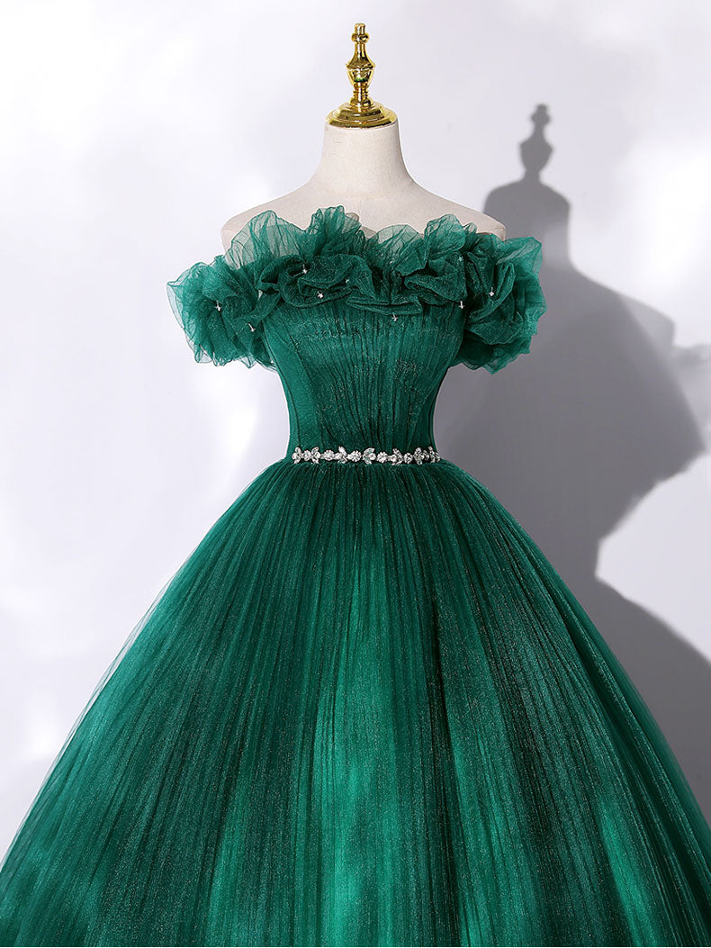 Green Off Shoulder Tulle Long Prom Dress, Green Sweet 16 Dress Green Off Shoulder Tulle Long Prom Dress, Green Sweet 16 Dress