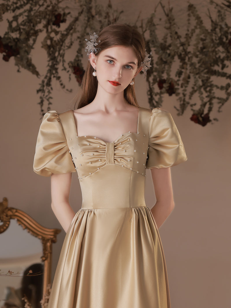 Simple Satin Tea Length Champagne Prom Dress, Satin Evening Dresses