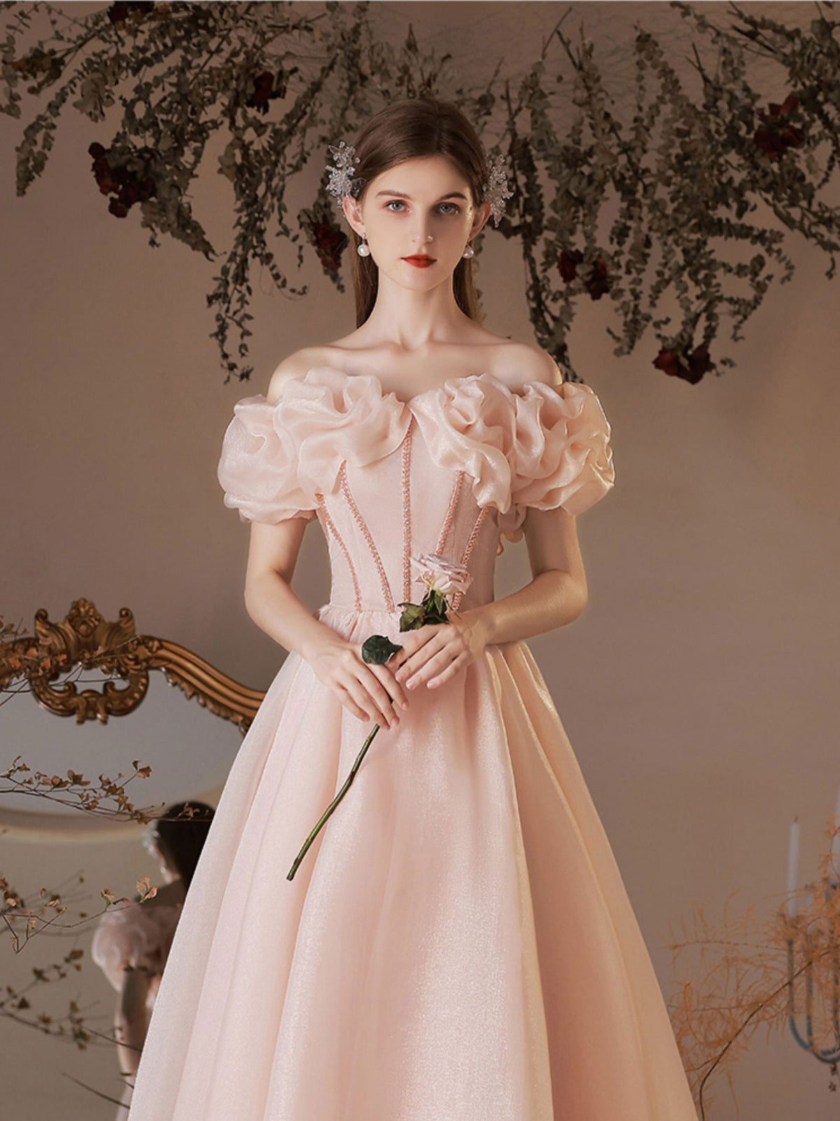 Pink Tulle Off Shoulder Tea Length Prom Dress Pink Tulle Homecoming Dress