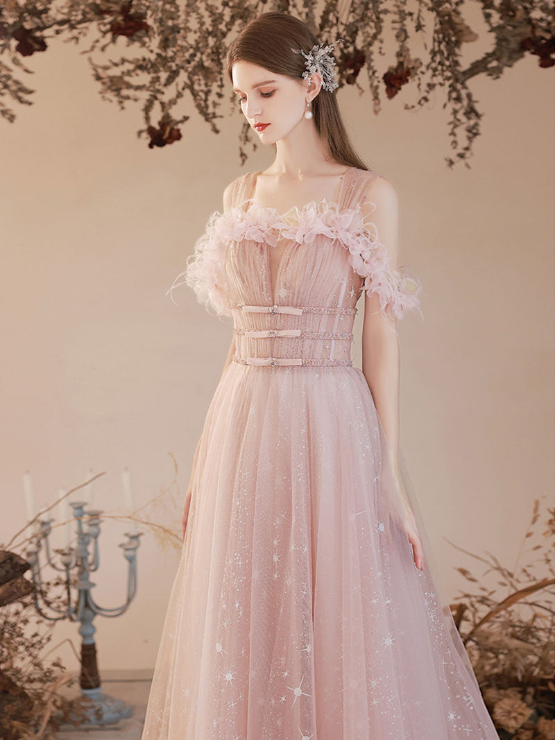 A Line Pink Long Prom Dresses, Off Shoulder Pink Formal Dress with