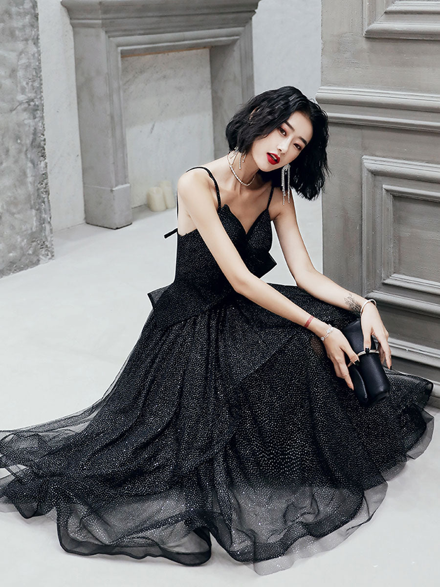 V Neck Tulle Sequin Short Black Prom Dresses, Black Tulle Homecoming Dresses