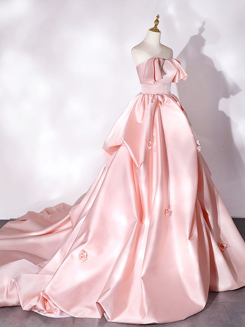 Pink Sweep Train Satin Long Prom Dress, Pink Formal Evening Dresses shopluu Pink Sweep Train Satin Long Prom Dress, Pink Formal Evening Dresses shopluu