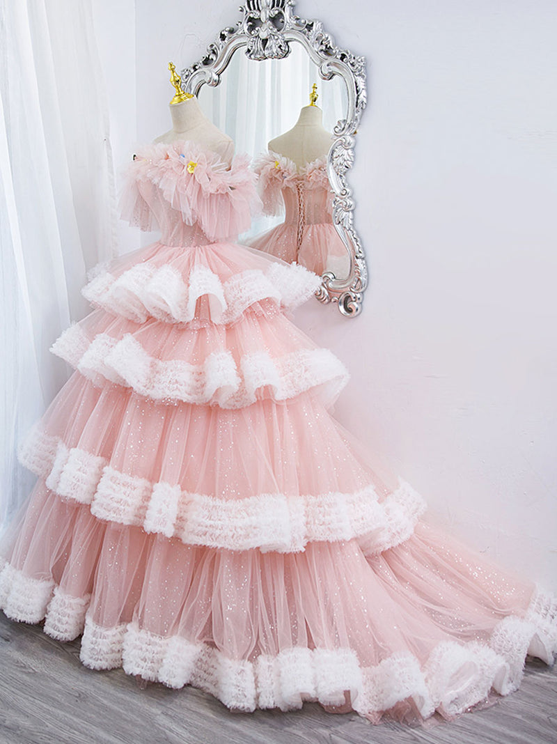 Off Shoulder Pink Long Prom Dresses, Ball Gown Pink Sweet 16 Dresses US 8 / Pink Off Shoulder Pink Long Prom Dresses, Ball Gown Pink Sweet 16 Dresses US 8 / Pink