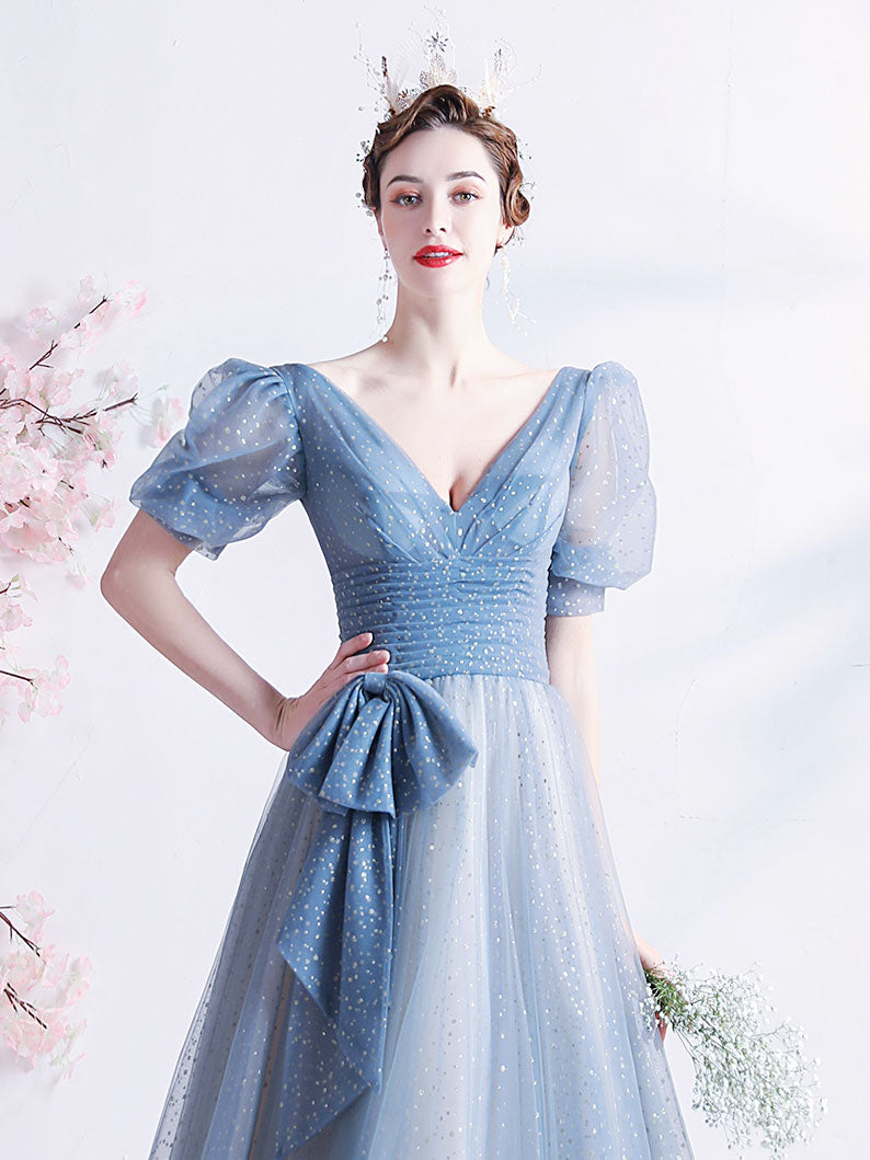 A-Line V Neck Tulle Gray Blue Long Prom Dress, Gray Blue Formal Dresses US 16 / Gray Blue A-Line V Neck Tulle Gray Blue Long Prom Dress, Gray Blue Formal Dresses US 16 / Gray Blue