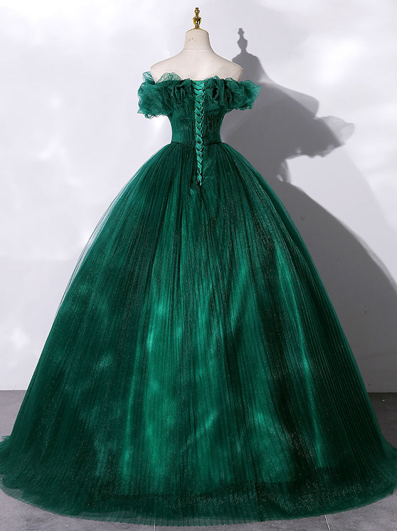 Green Off Shoulder Tulle Long Prom Dress, Green Sweet 16 Dress us 16 / Green (As Picture)