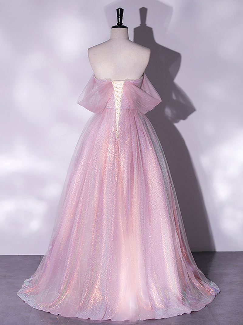 A-Line Sweetheart Neck Tulle Sequin Pink Long Prom Dress, Pink Tulle F