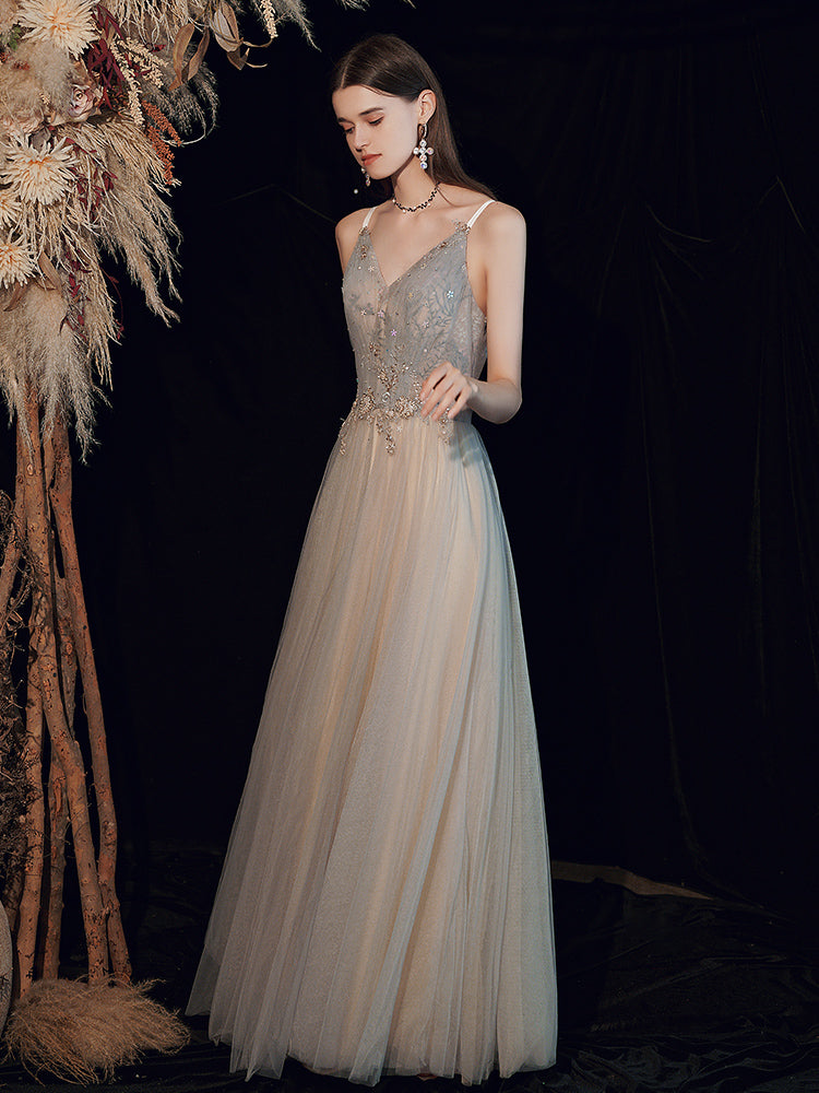 Gray V Neck Tulle Lace Long Prom Dress, A line Evening Dress shopluu Gray V Neck Tulle Lace Long Prom Dress, A line Evening Dress shopluu