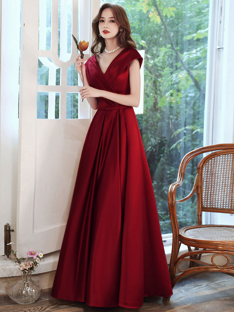 Simple V Neck Burgundy Long Prom Dress, Burgundy A-line Formal