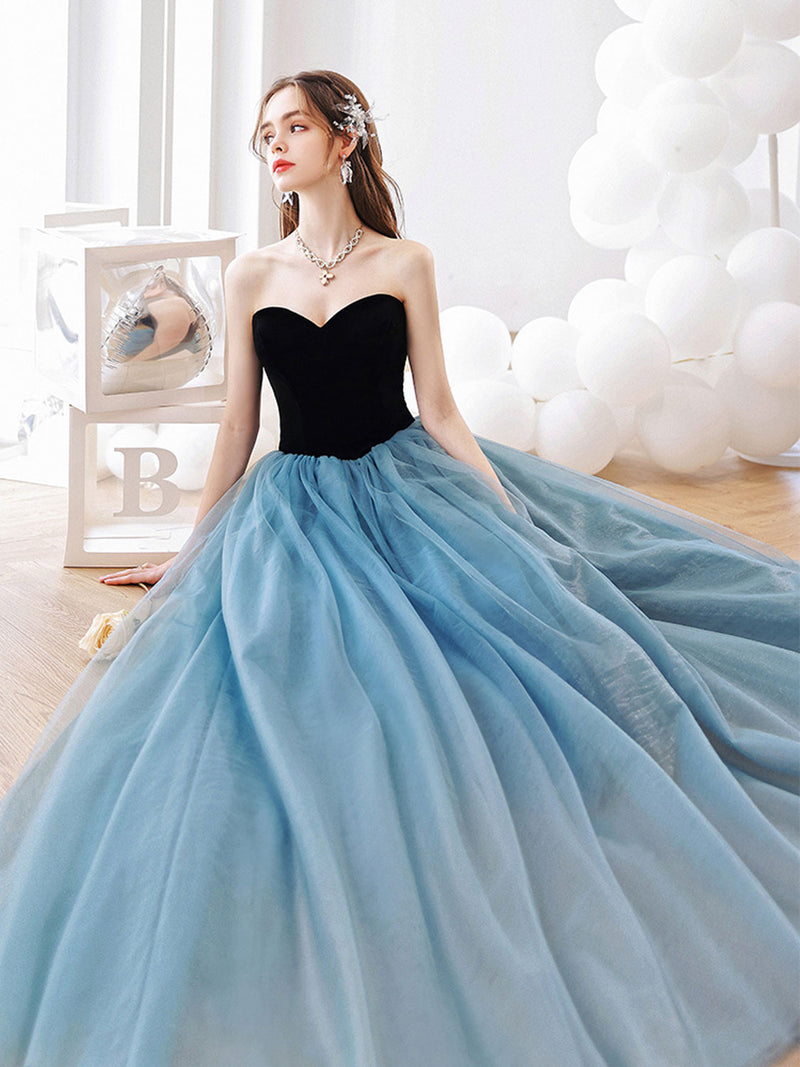 Blue Tulle Long A-Line Prom Dress, Lovely Strapless Evening Dress US 16 / Blue Blue Tulle Long A-Line Prom Dress, Lovely Strapless Evening Dress US 16 / Blue