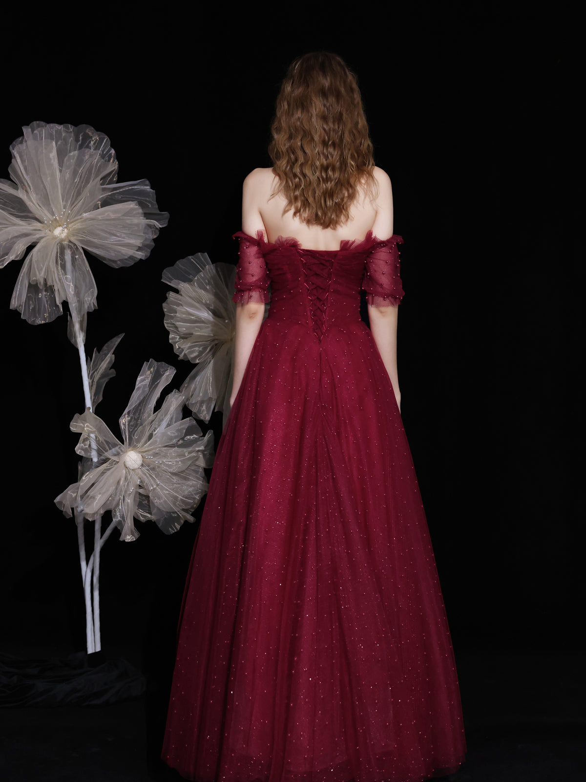 Burgundy sweetheart neck tulle beads long prom dress tulle formal dress